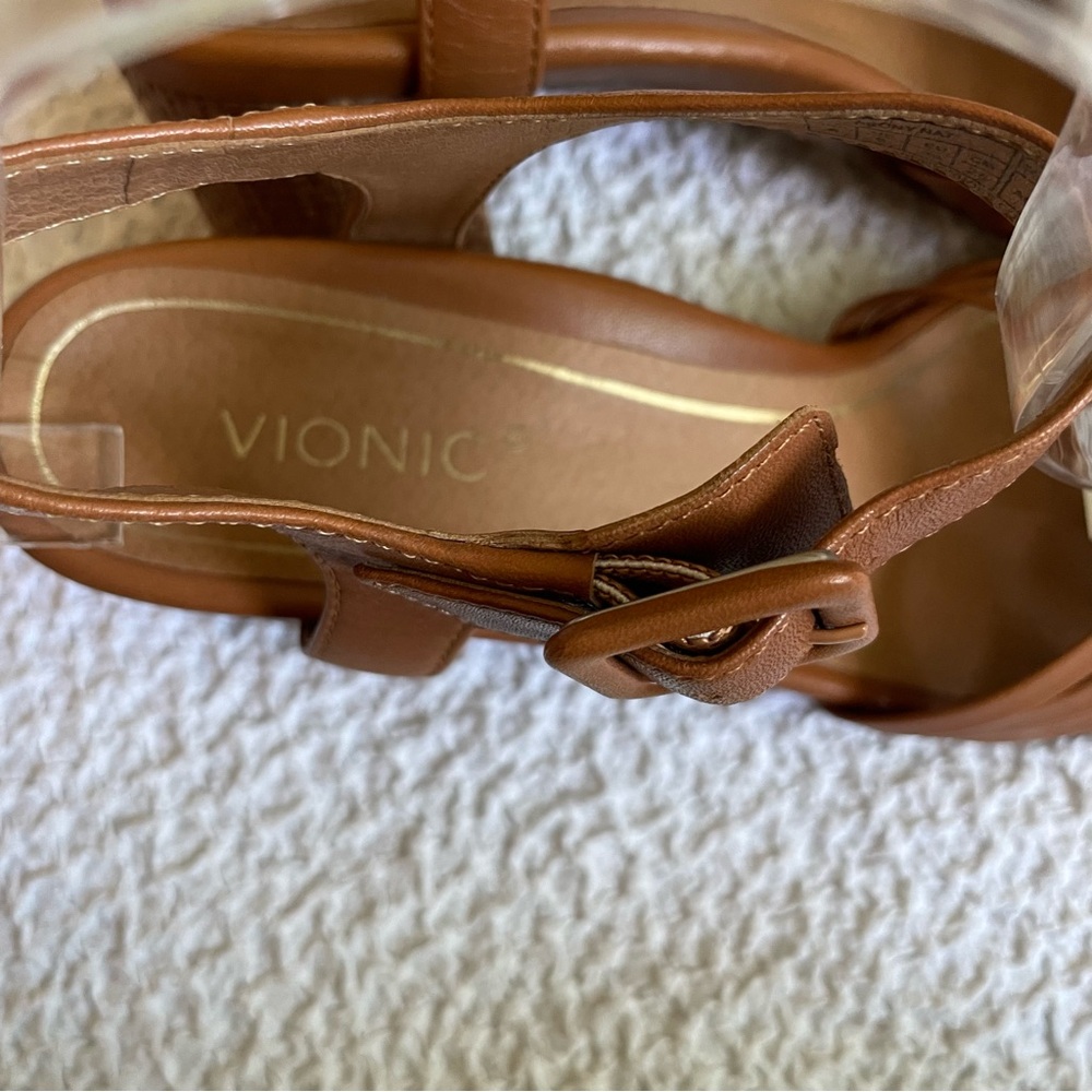 Vionic Peony Heeled Sandal Basketweave Tan Ankle Strap Leather Size 8 - Picture 11 of 12